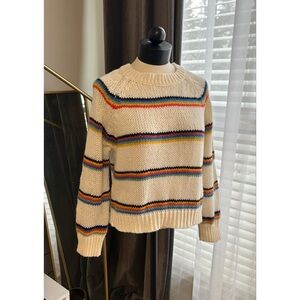 Over Kleshas White with Multicolored Stripes Cable Knit Pulloverr Sweater S